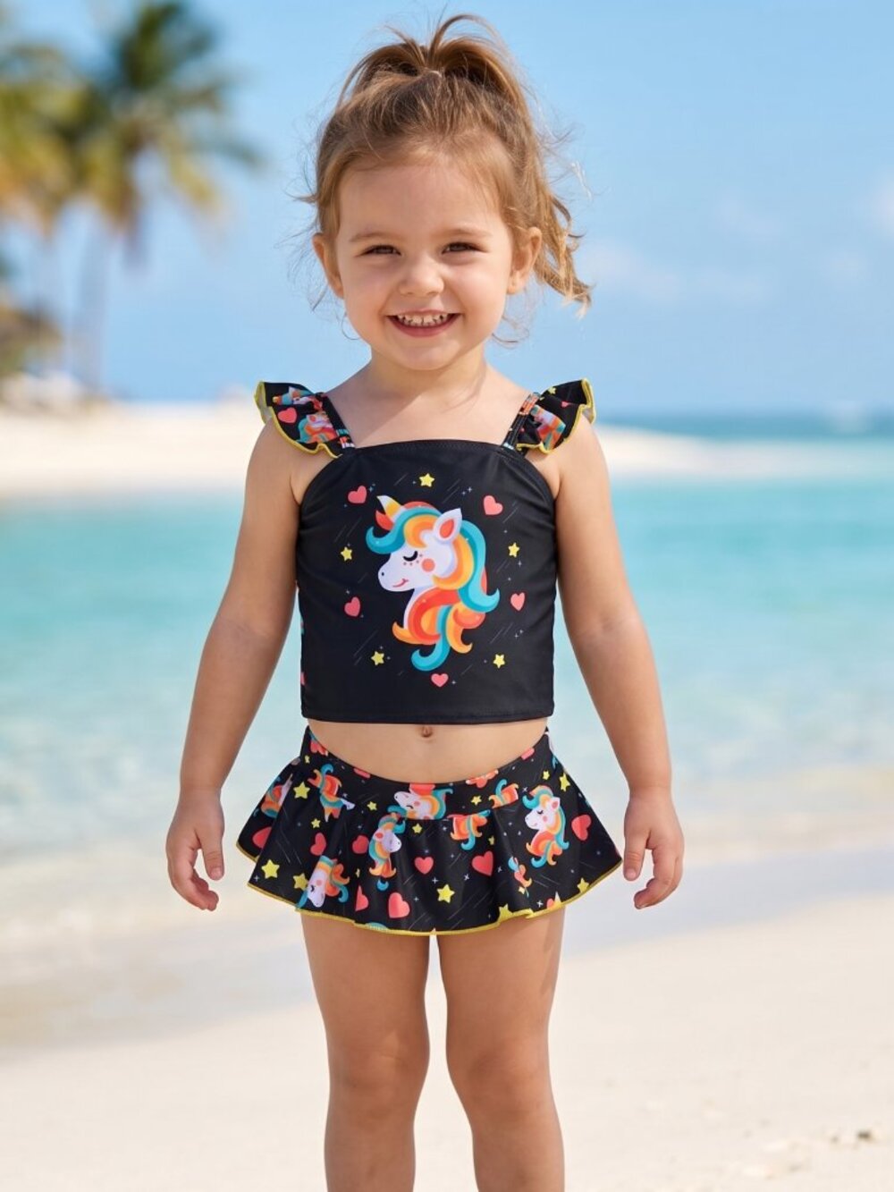 NWOT | Black Unicorn & Heart Print Ruffle Strap Tankini & Skirted Bottom Set 3/4